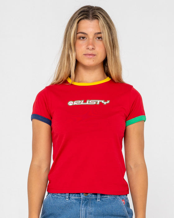 woman-wearing-3-tone-contrast-ringer-baby-tee-in-red