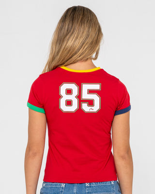 Woman wearing 3 Tone Contrast Ringer Baby Tee in Red