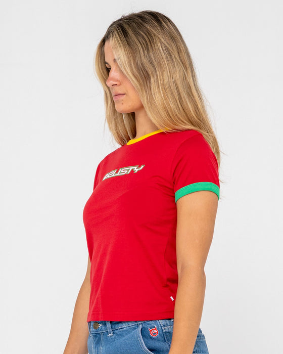 woman-wearing-3-tone-contrast-ringer-baby-tee-in-red