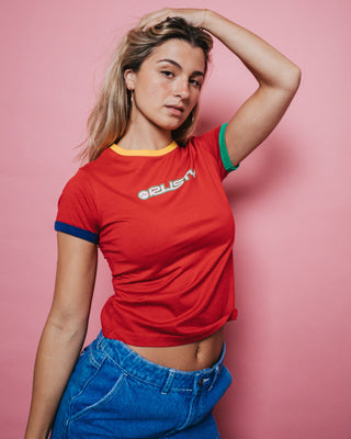 Woman wearing 3 Tone Contrast Ringer Baby Tee in Red