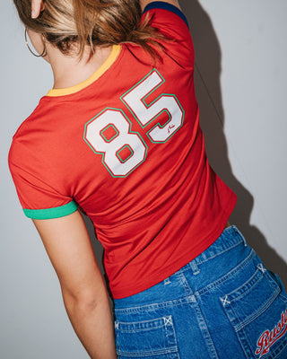 Woman wearing 3 Tone Contrast Ringer Baby Tee in Red