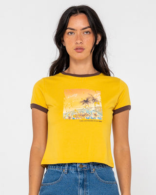 Woman wearing La Cabana Contrast Ringer Mini Tee in Lemon Yellow