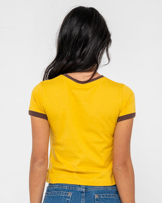 Woman wearing La Cabana Contrast Ringer Mini Tee in Lemon Yellow