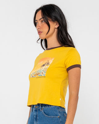 Woman wearing La Cabana Contrast Ringer Mini Tee in Lemon Yellow