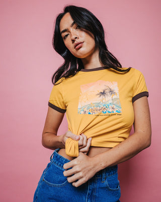 Woman wearing La Cabana Contrast Ringer Mini Tee in Lemon Yellow