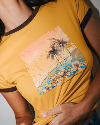 Woman wearing La Cabana Contrast Ringer Mini Tee in Lemon Yellow