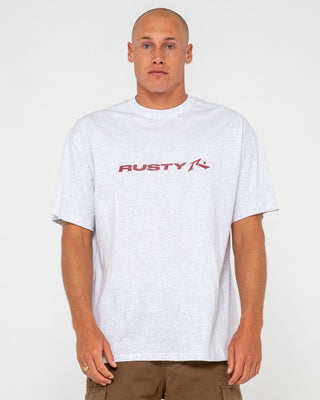 Man wearing Vital Rusty Short Sleeve Tee in Ecru Marle