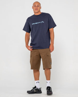 Man wearing Vital Rusty Short Sleeve Tee in Navy Blue 1