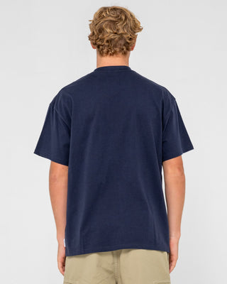 Man wearing Second Summer Short Sleeve Tee in Navy Blue