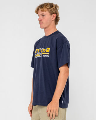 Man wearing Second Summer Short Sleeve Tee in Navy Blue