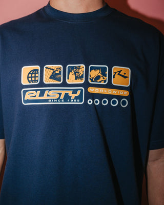 Man wearing Second Summer Short Sleeve Tee in Navy Blue