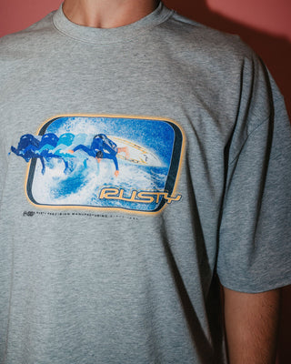 Man wearing Tidal Kombat Short Sleeve Tee in Grey Marle