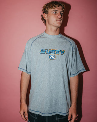 Man wearing Guido Raglan Short Sleeve Tee in Grey Marle