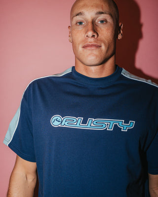 Man wearing Alonso Short Sleeve Tee in Navy Blue 2