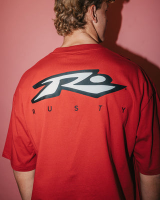 Man wearing Registered Short Sleeve Tee in Vintage Red