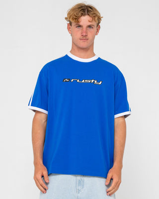 Man wearing Bright Ringer Short Sleeve Tee in Royal Blue