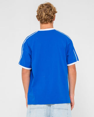 Man wearing Bright Ringer Short Sleeve Tee in Royal Blue