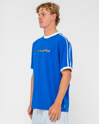 Man wearing Bright Ringer Short Sleeve Tee in Royal Blue
