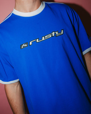 Man wearing Bright Ringer Short Sleeve Tee in Royal Blue