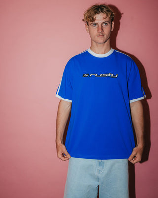 Man wearing Bright Ringer Short Sleeve Tee in Royal Blue