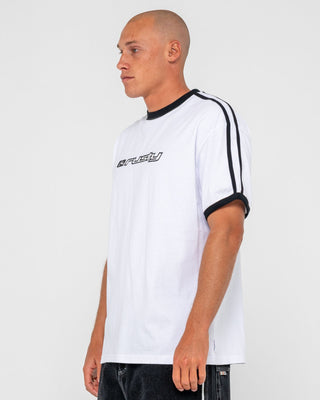 Man wearing Bright Ringer Short Sleeve Tee in White