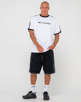 Man wearing Bright Ringer Short Sleeve Tee in White