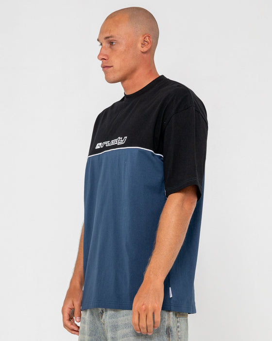 man-wearing-infinity-short-sleeve-tee-in-china-blue