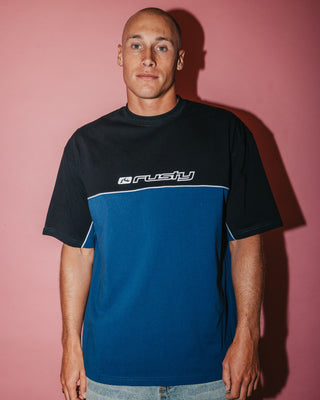 Man wearing Infinity Short Sleeve Tee in China Blue