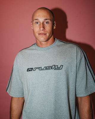 Man wearing Gaffa Taped Short Sleeve Tee in Grey Marle