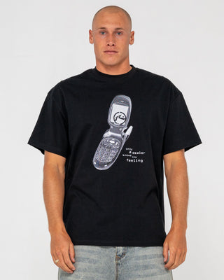 Man wearing Phone A Friend Short Sleeve Tee in Black