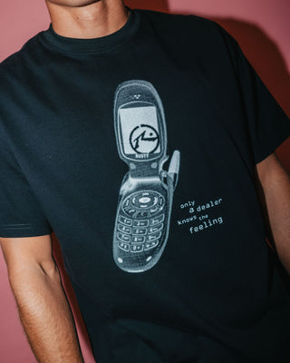 Man wearing Phone A Friend Short Sleeve Tee in Black