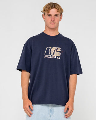 Man wearing Checkout Short Sleeve Tee in Navy Blue