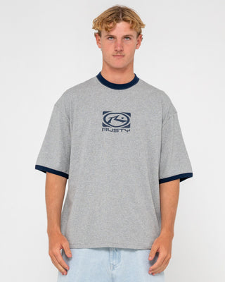 Man wearing Hyper Ringer Short Sleeve Tee in Grey Marle