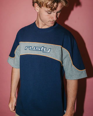 Man wearing Kinetic Short Sleeve Heavy Tee in Navy Blue