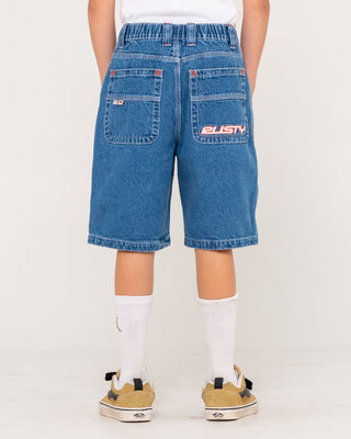 Boy wearing Flip Daddy 2.0 Jort- Middy Blue Boys in Middy Blue
