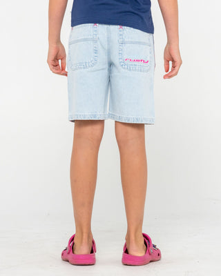 Girl wearing Flip Girl Low Rise Wide Leg Denim Jort in Sky Blue Heather 2