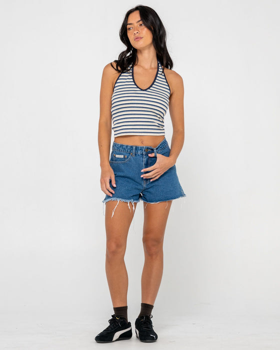 woman-wearing-penny-kick-flare-denim-short-in-middy-blue