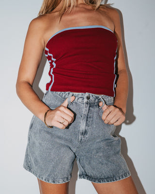 Woman wearing Cyprus High Denim Short in London Summer