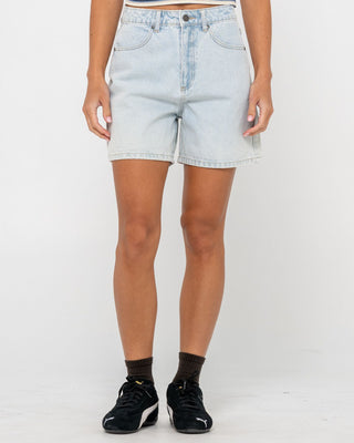 Woman wearing Cyprus High Denim Short in Sky Blue Heather