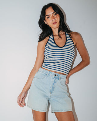 Woman wearing Cyprus High Denim Short in Sky Blue Heather