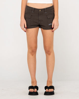 Woman wearing Tempo Low Rise Ripstop Cargo Short in Washed Black