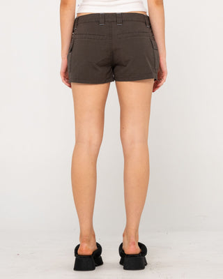 Woman wearing Tempo Low Rise Ripstop Cargo Short in Washed Black
