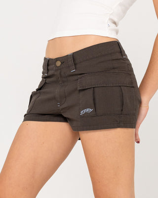 Woman wearing Tempo Low Rise Ripstop Cargo Short in Washed Black