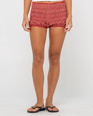 Woman wearing Summer Court Elastic Bloomer Short in Red