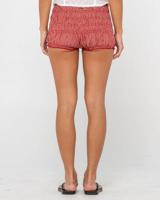 Woman wearing Summer Court Elastic Bloomer Short in Red
