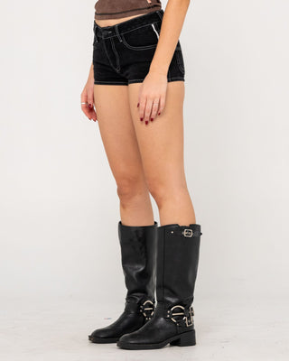 Woman wearing Flip Mommy Low Rise Micro Mini Short in Black Out / Grey