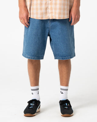 Man wearing Flip Daddy Tapeless Jort - Middy Blue in Middy Blue