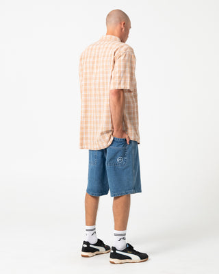 Man wearing Flip Daddy Tapeless Jort - Middy Blue in Middy Blue