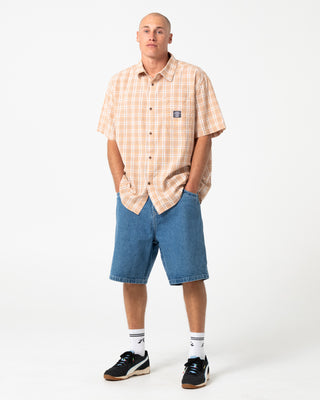Man wearing Flip Daddy Tapeless Jort - Middy Blue in Middy Blue