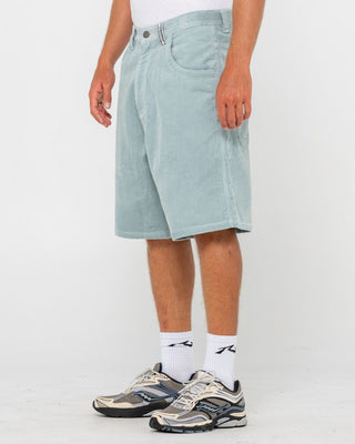 Man wearing Flip Daddy Tapeless Cord Short in Smoke Blue